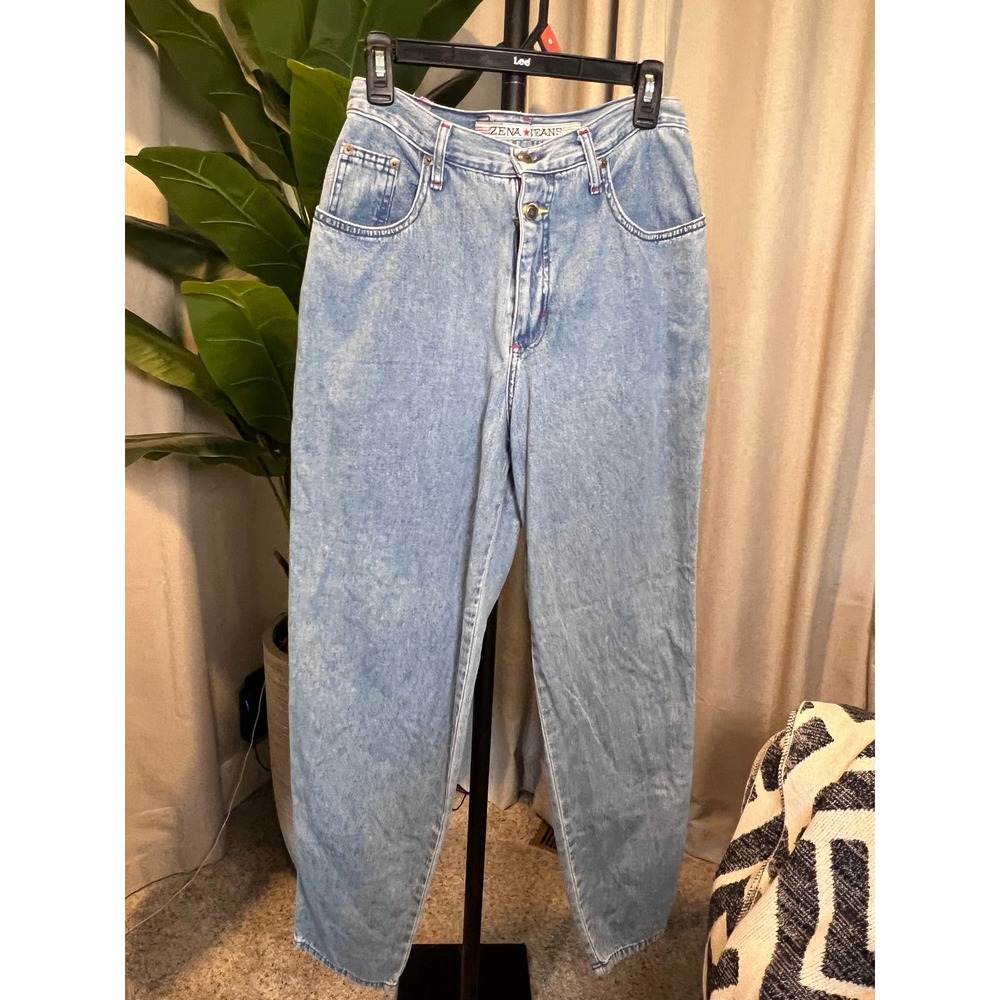 Vintage Zena Jeans High Waisted Acid Wash Carpenter Mom Jeans Light Blue Size 11